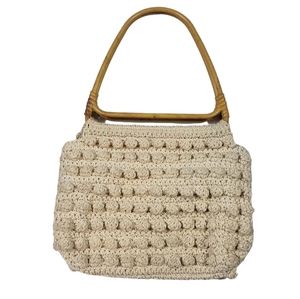 Neutral Beige 3D Crochet Knit Purse Wood Look Handles Lined Boho Nubby Handbag